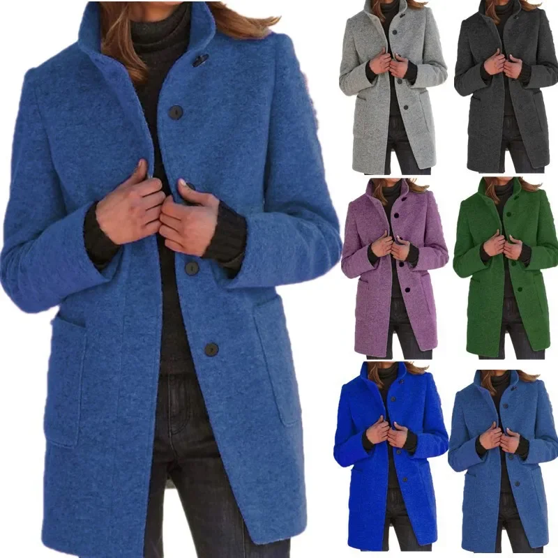 Women's Solid Color Long Sleeved Button Up Collar Vintage Woolen Coat for Autumn/winter 2024