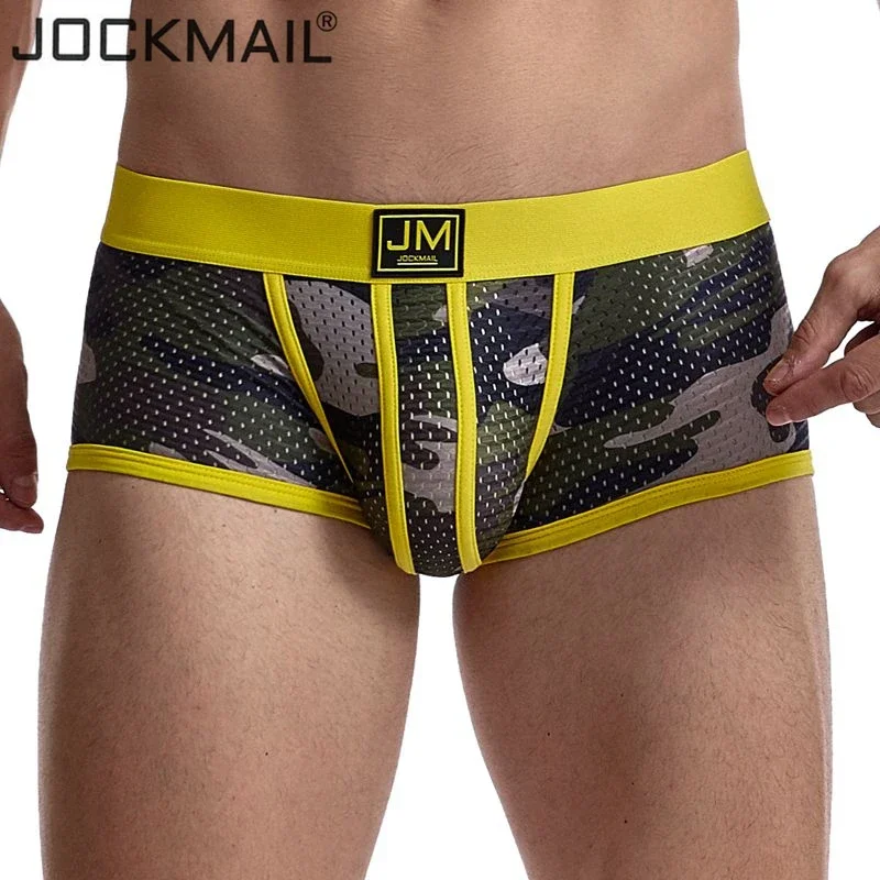 JOCKMAIL mężczyźni bokserki sexy bielizna męska cueca boxer mężczyźni kamuflaż Mesh szorty odzież męska bokserki Fitness elastyczne kalesony