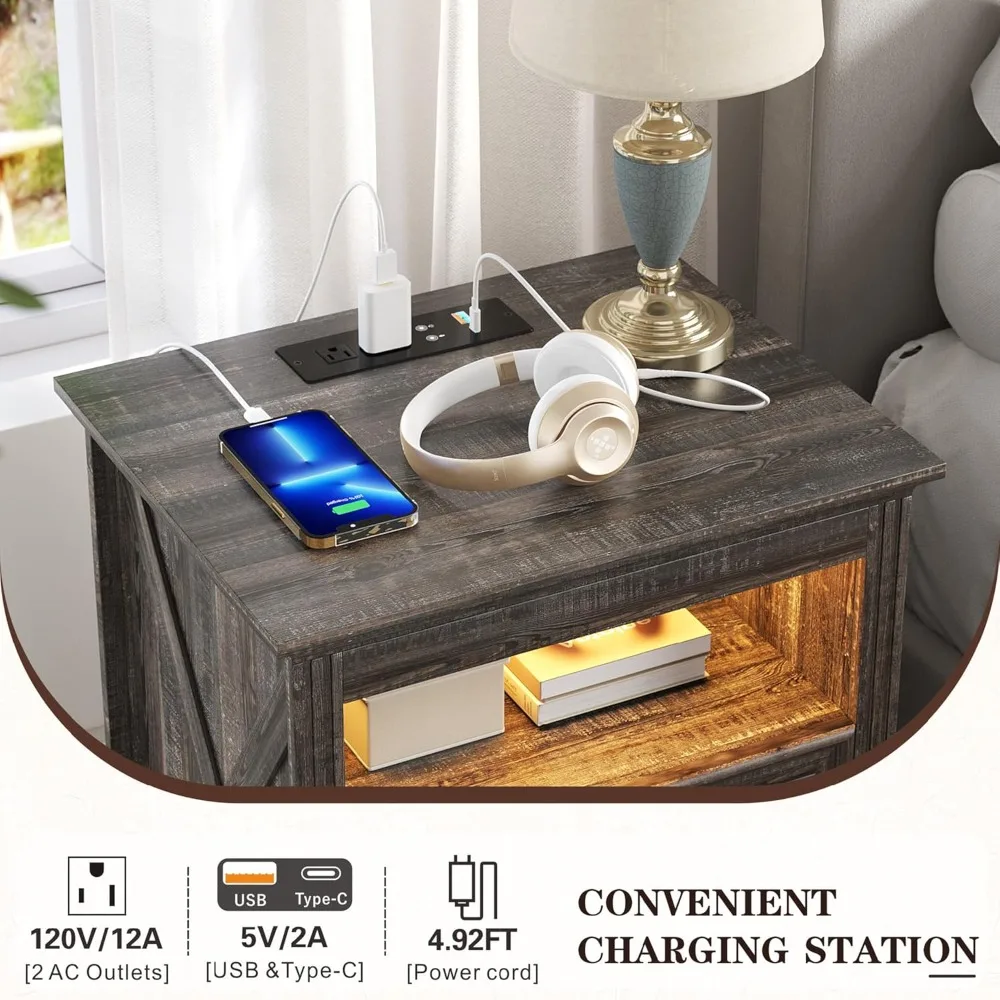 „Rustikaler Nachttisch mit Waffenspeicher, Ladeanschluss, LED-Licht und Bewegungssensor“