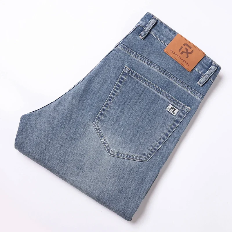 Calça jeans slim fit masculina, jeans stretch, calça casual cargo, calça azul, roupas de moda, primavera e verão, 2024