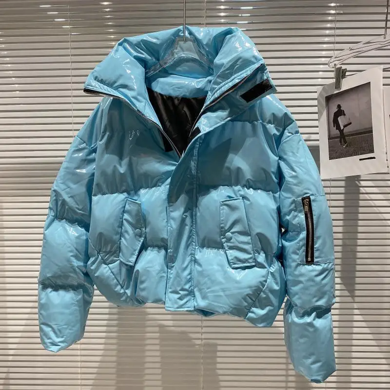 Women's Winter Cotton Top Jacket Zipper Glossy Standing Collar Thickened Warm Casual Loose Comfortable New Niche Versatile Slim