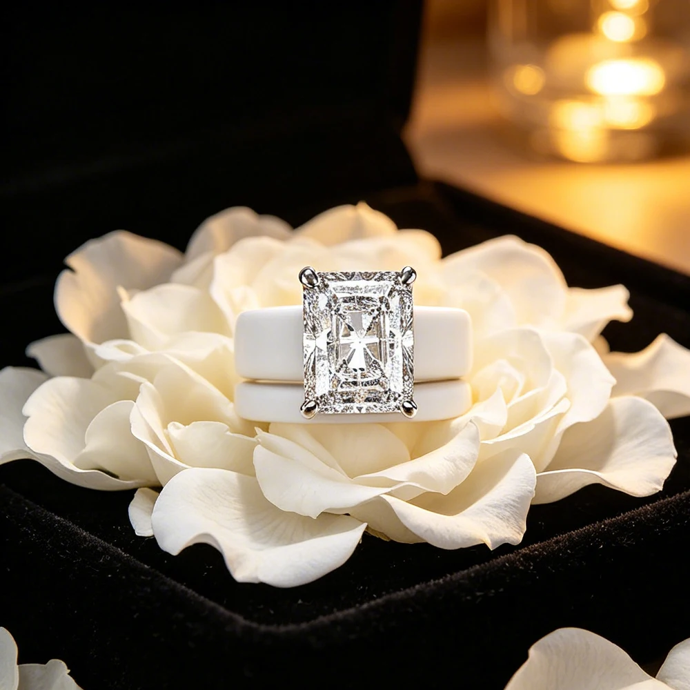 Bague en silicone blanc à double bande pour femme, avec zircone cubique taille émeraude, bague de fiançailles et de mariage, cadeau de bijoux de mariée
