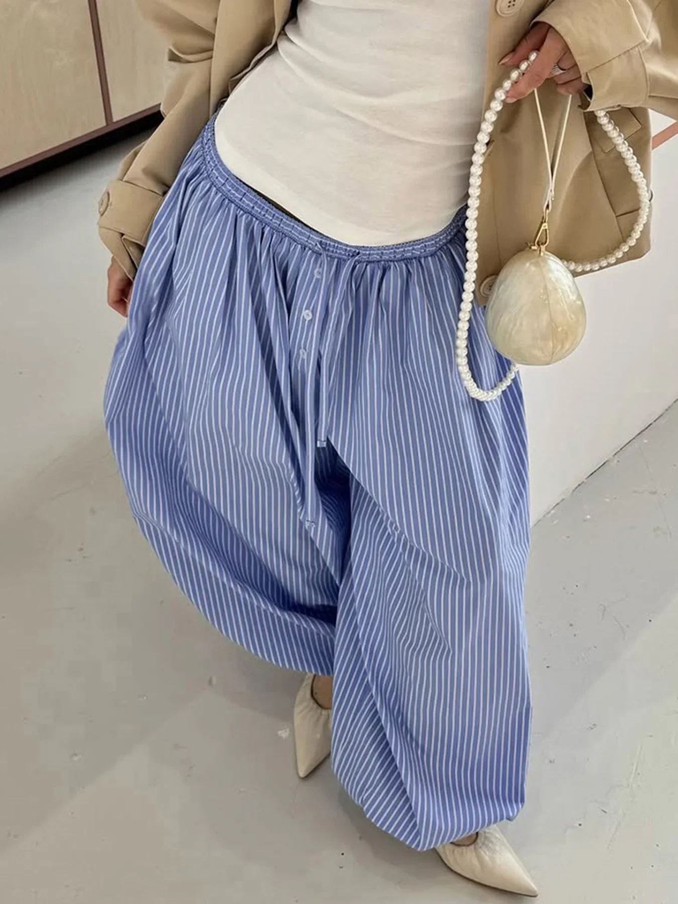 Fmxires Streetwear Blue Striped Print Casual Pants Elastic Low Rise Loose Trousers y2k Aesthetic Korean Style Hippie Trousers