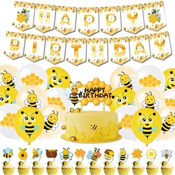 Cartoon Cute Honey Bee Theme Balloons Cake Topper Sunflower Banner Garland for Kids Happy Birthday Baby Shower Party Decoration