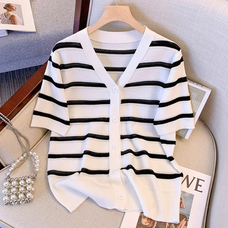 New Women's Sweater Robi Knitted cardigan V-neck short sleeved white black Striped Korean summer boutique exquisite cardigan