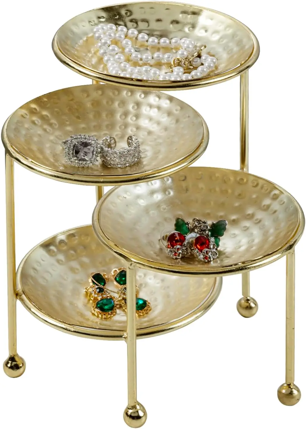 

4-Tier Jewelry Dish Organizer - Hammered Brass Plated Metal Ring Tray, Decorative Earring, Necklace, Bracelet Storage