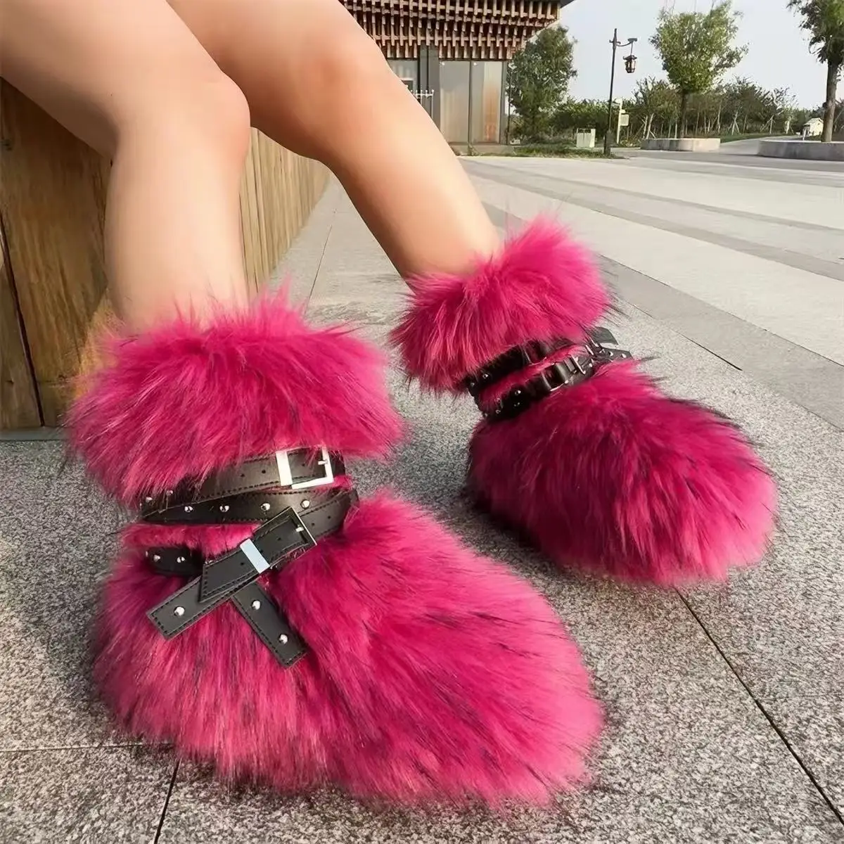Y2k Sexy Hottie Women's Shoes Raccoon Plush Fur Boots Winter Keep Warm Snow Boots Outdoor Mid-calf Fashion Fluffy Botines Luxury