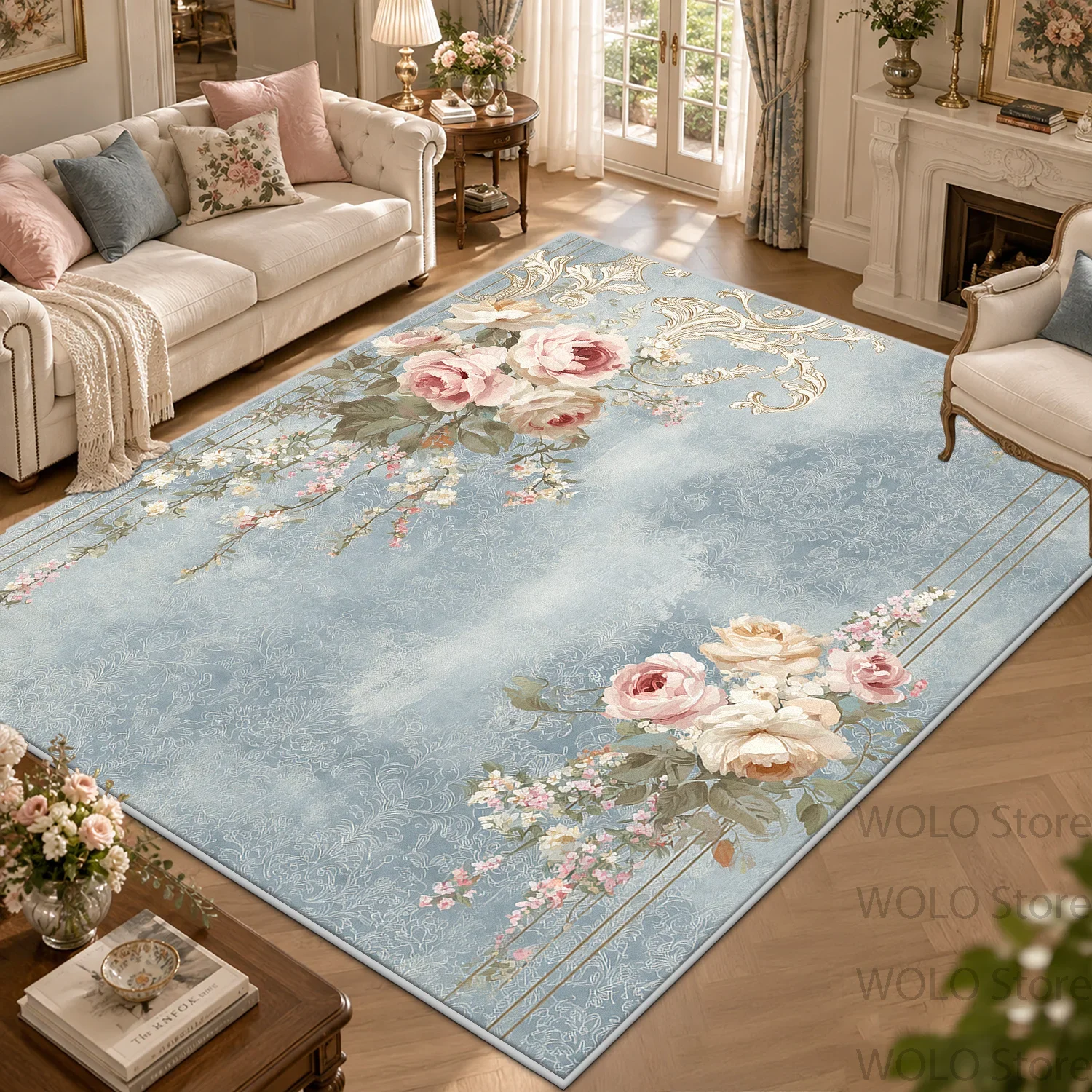 French Rococo Vintage Rose Floral Large Area Rug Blue Non-slip Soft Living Room Carpet Short Velvet Washable Decor Home Mats