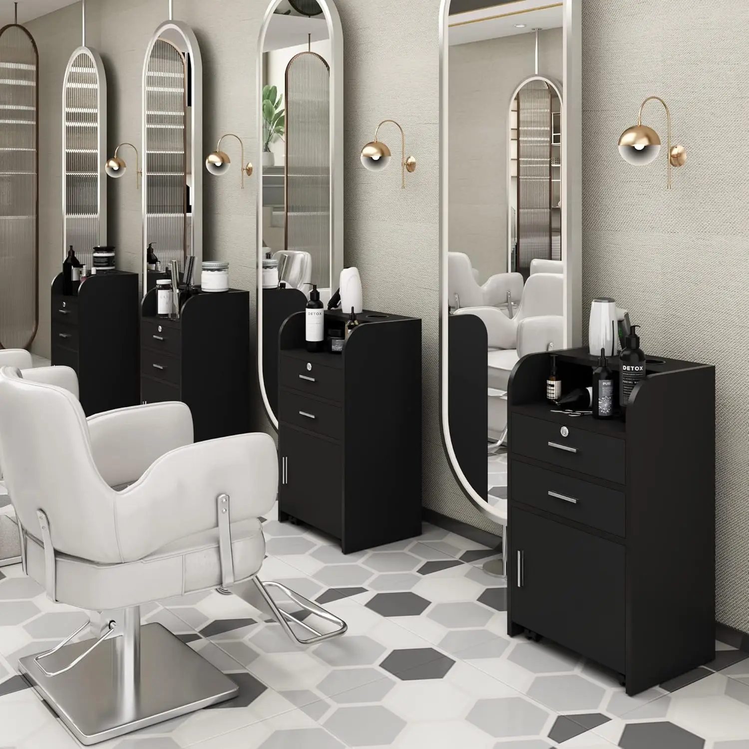 Beauty Salon/Barber Storage Cabinet Station with Locking Drawer and 4 Wheels, Hair Stylist Station with 2 Hair Dryer Holders, Bl