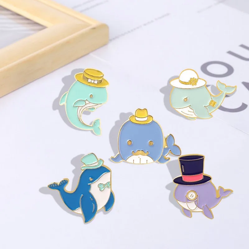 Pins Shark Whale Dolphin with Hat Glasses Brooches Bag Hat Lapel Pin Badge Men Women Jewelry Gift for Child Sea Animals Enamel