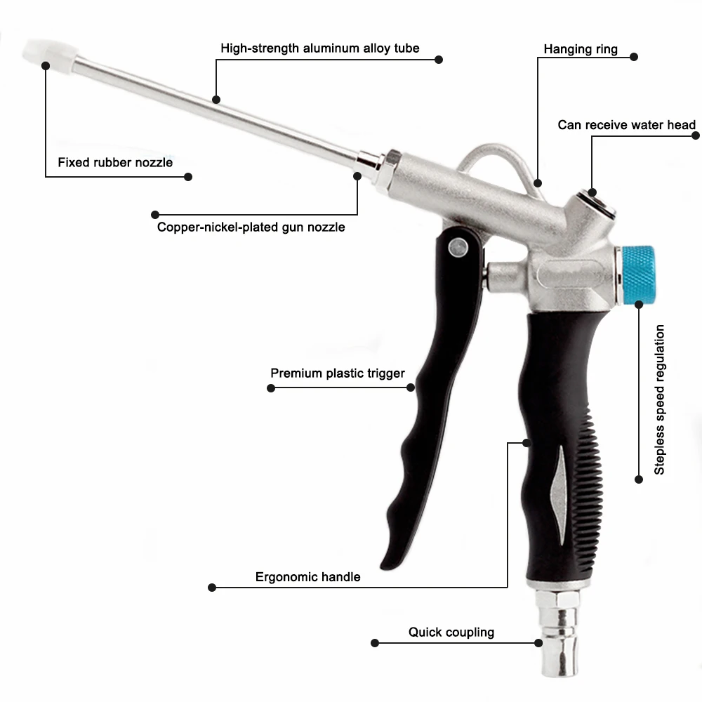 Handheld Air Dust Gun 2-Way Air Blow Gun Pneumatic Tool Dirt Cleaner Air Compressor with Adjustable Extended Nozzle&Connector