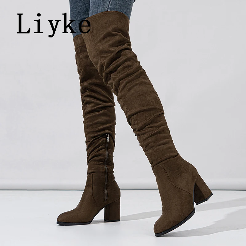 Liyke 2024 New Fashion Round Toe Zip Thigh High Boots Women Autumn Winter Chunky Heels Motorcycle Over The Knee Shoe Botas Mujer