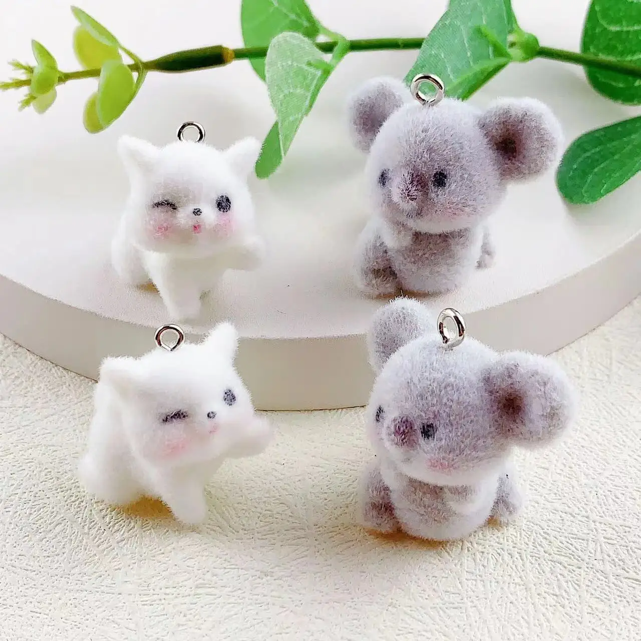 30Pcs 3D Cartoon Animal cat Charms Cute Koala Flocking Doll Pendant for Keychain Necklace Earring Bag DlY Jewelry Make