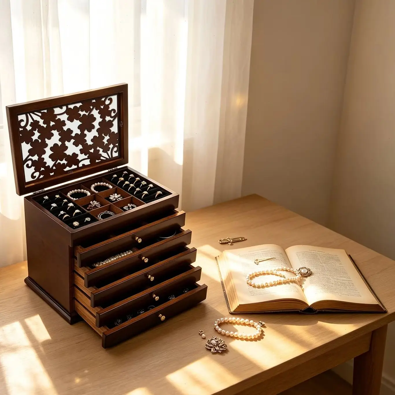 6-tier Jewelry Organizer Wooden Jewelry Box Impact Scratch Resistant Smooth Rounded Edge Metal Handle Dustproof Lid Anti-Scratch Bottom Pad Easy Clean Portable Storage Case For Daily Jewelry Arrangement Bedroom Dresser Use