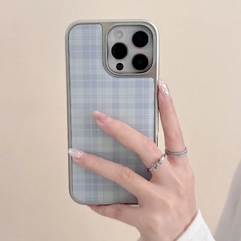 Retro blauer Himmel Plaid Silber Rand Handyhülle TPU Anti-Drop Handyhülle für iPhone XR/11/12/13/14/15/16/17 Pro Max Handyhülle