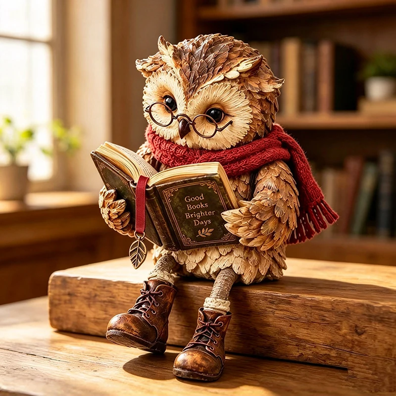 Christmas，Reading Owl Figurine Creative Owl Statue with Glasses Scarf Boots Gift Reading Owl Sculpture for Book Nook Shelf Decor