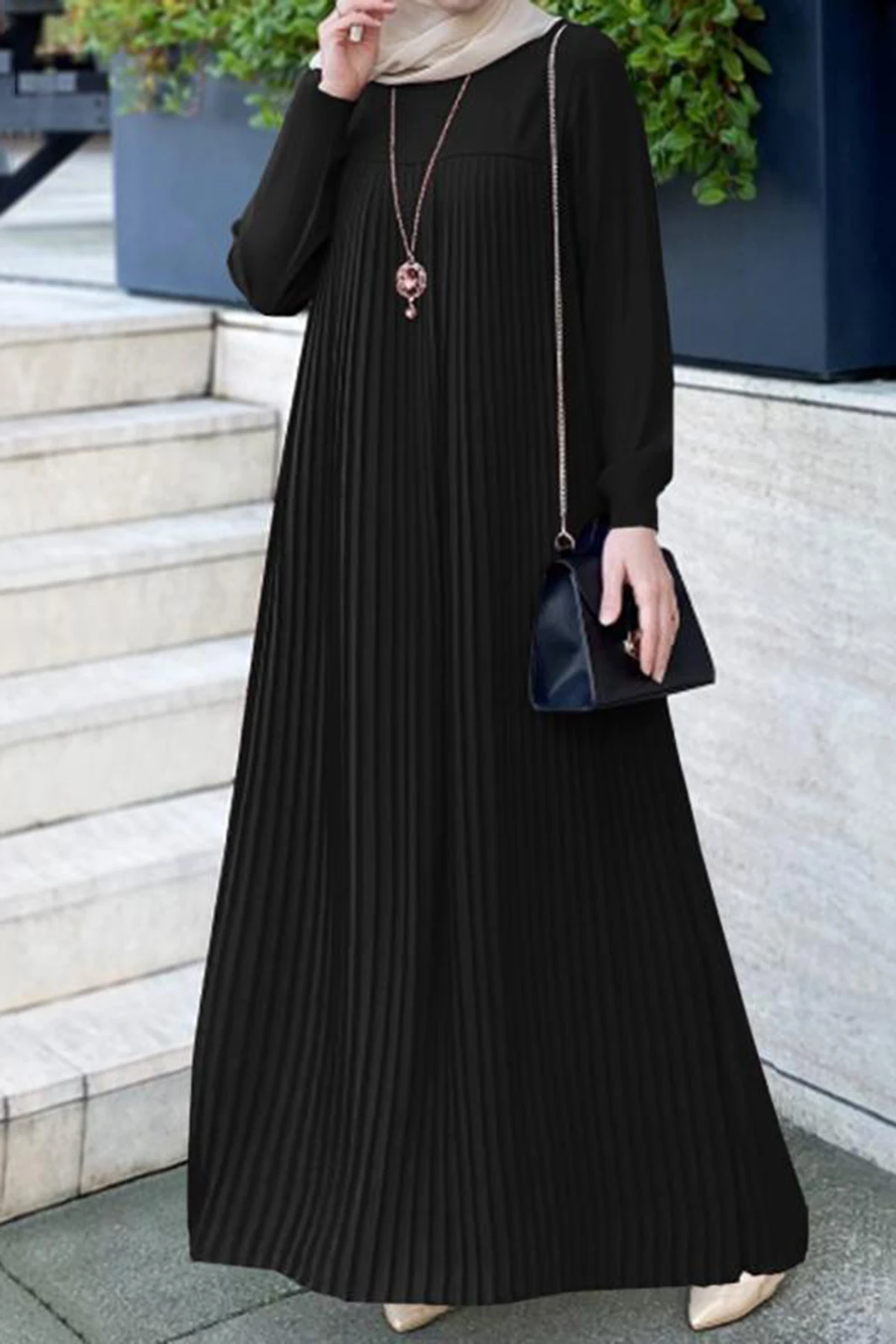 Vestido largo musulmán para mujer Abaya Vestido largo plisado liso con cuello redondo y manga larga