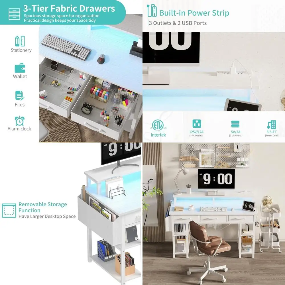 

White 47 Desk with Fabric Drawers, LED Lights, & Power Outlets for Home Office, Study, Gaming