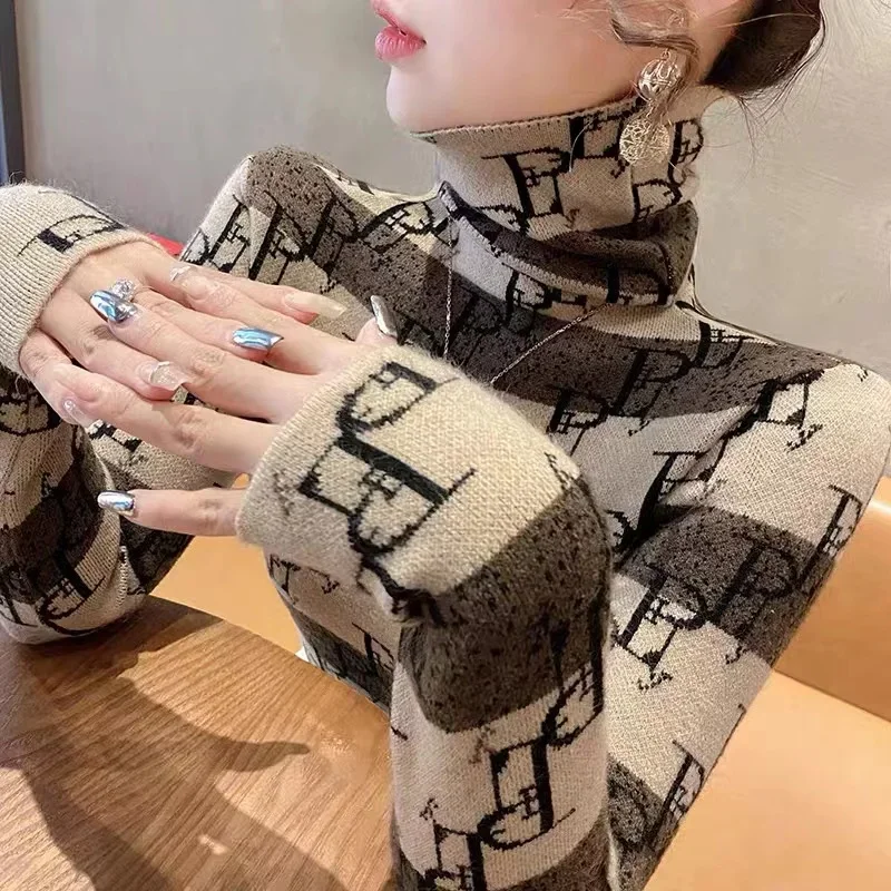 Women Slim Knitted Pullovers Chic Letter Vintage Turtleneck Striped Wool Sweaters Winter Comfortable Soft Elasticity Knitwear