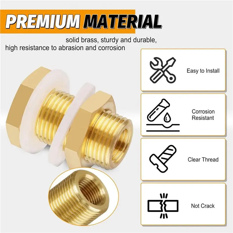 6-Pack Solid Brass Bulkhead Fittings, 1/4 NPT Taper Female 3/4 Inch Straight Male Thread Brass Water Tank Connector
