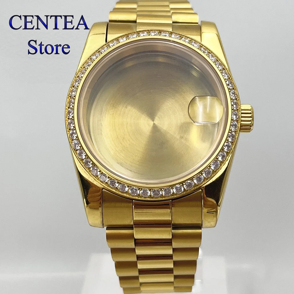 RICHUS-caja de reloj dorada, cristal de zafiro, tipo diamante, compatible con NH35, NH36, ETA2824, Miyota8215, movimiento automático, 36/39mm