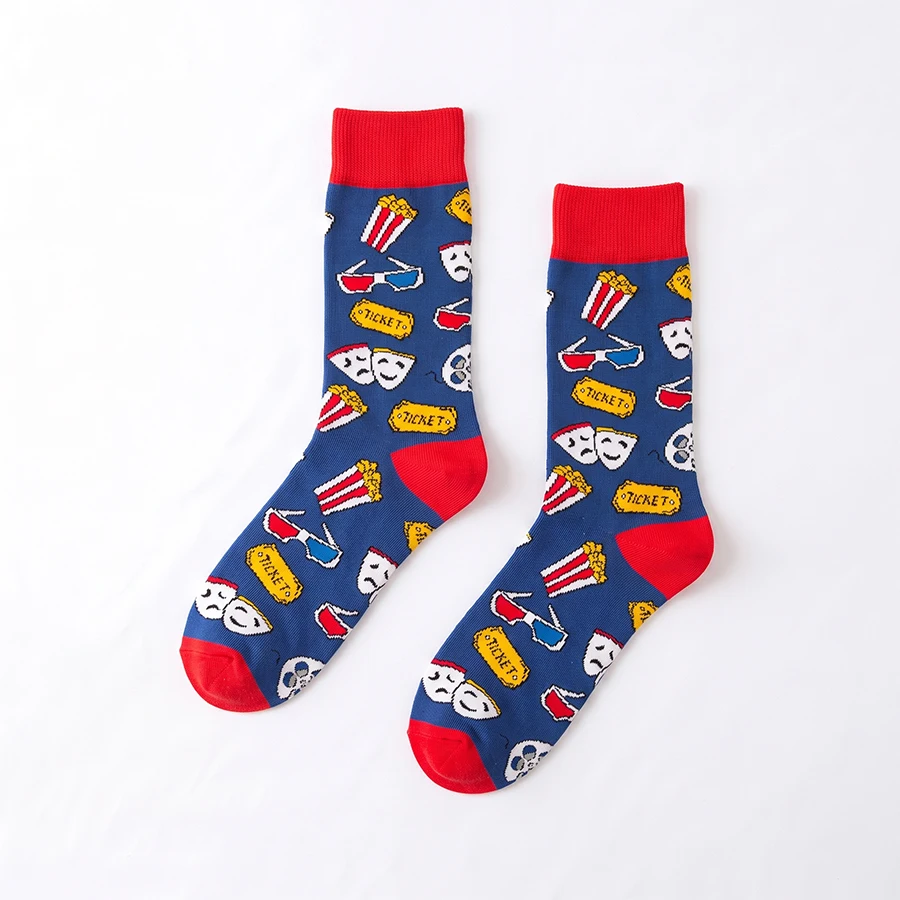 1 Pair of Unisex Fun Movie Popcorn Pattern Socks with Contrasting Red Edges, Made of Breathable Polyester, Unique and Novel Mid-Calf Socks Suitable for Autumn and Winter Parties and Gift-Giving