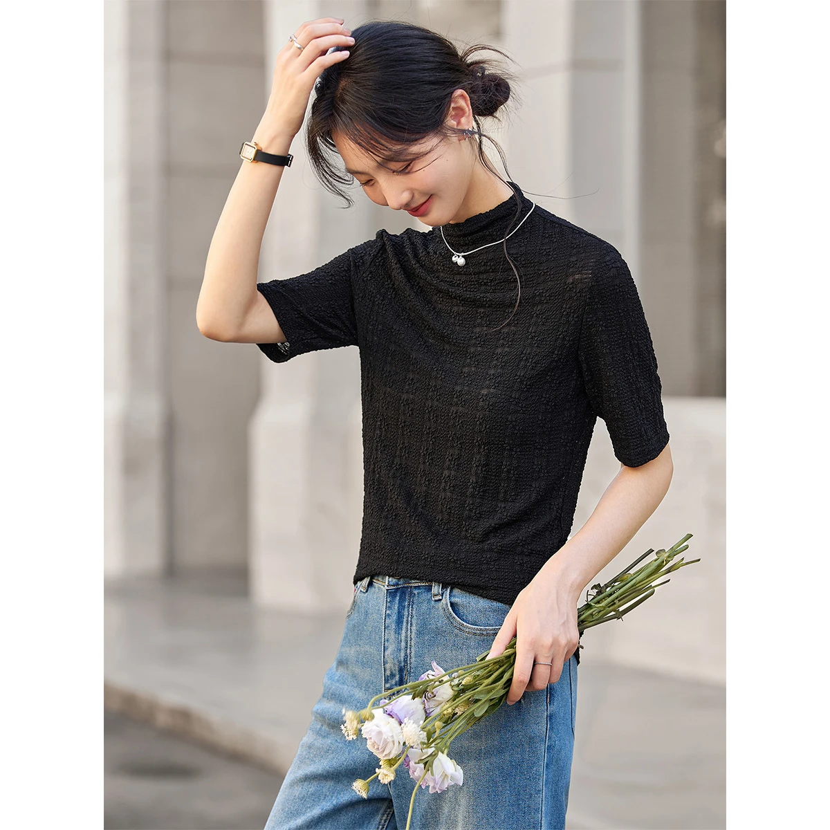 เสื้อยืดผู้หญิง Vimly รุ่นเรียบง่าย ปี 2025 ตกแต่งด้วยลูกไม้ ทรงเข้ารูป แขนยาว สไตล์เรียบหรู รุ่น A2860