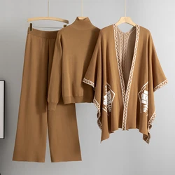 2025 Autumn winter Lady Outfit Cozy Knit Shawl Pants Sets 3 Pieces With Women Elegant Turtleneck Sweater Wide Leg Trousers