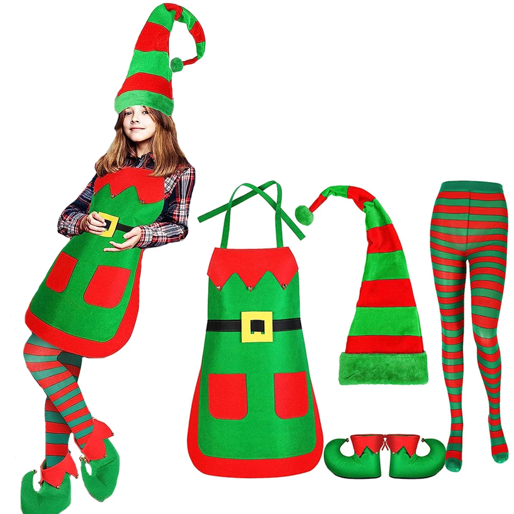 2023 New Christmas Santa Claus Costume Green Elf Cosplay Suit Family Carnival Party New Year Kitchen Apron Hat Socks Clothes Set