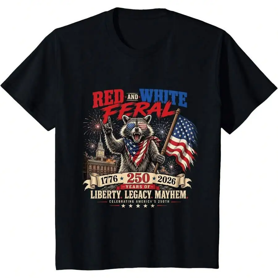 Red White And America 250Th Independence Day Raccoon T-Shirt 100% Cotton Trendy Y2K Short-Sleeve Tee-Soft, Quick-Drying,