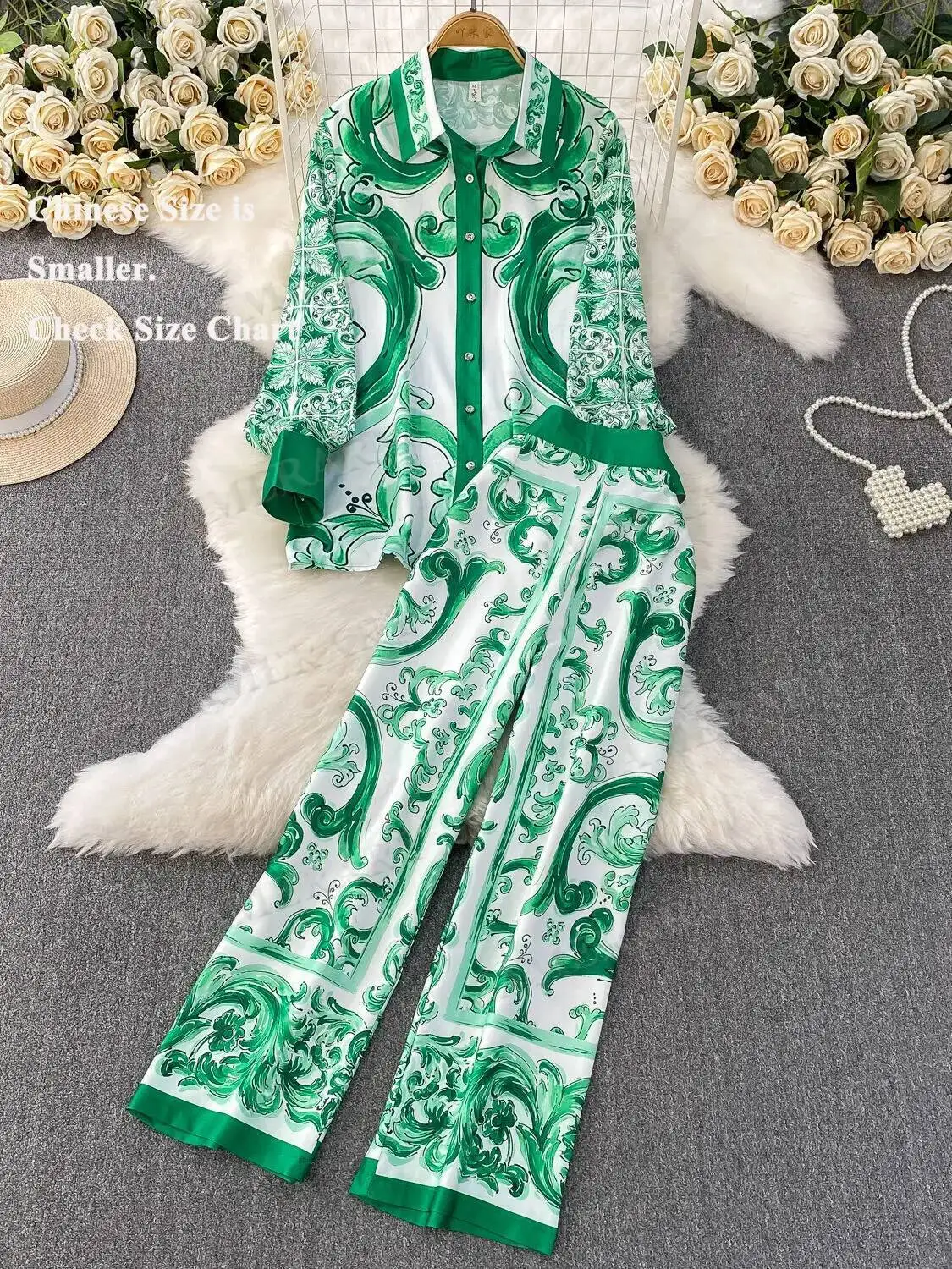 Herbst Lila Floral Zwei Stück Set Frauen Muslime Kleidung Pocelain Jacke Shirts Elastische Taille Breite Bein Lange Hosen 2 stücke Outfits