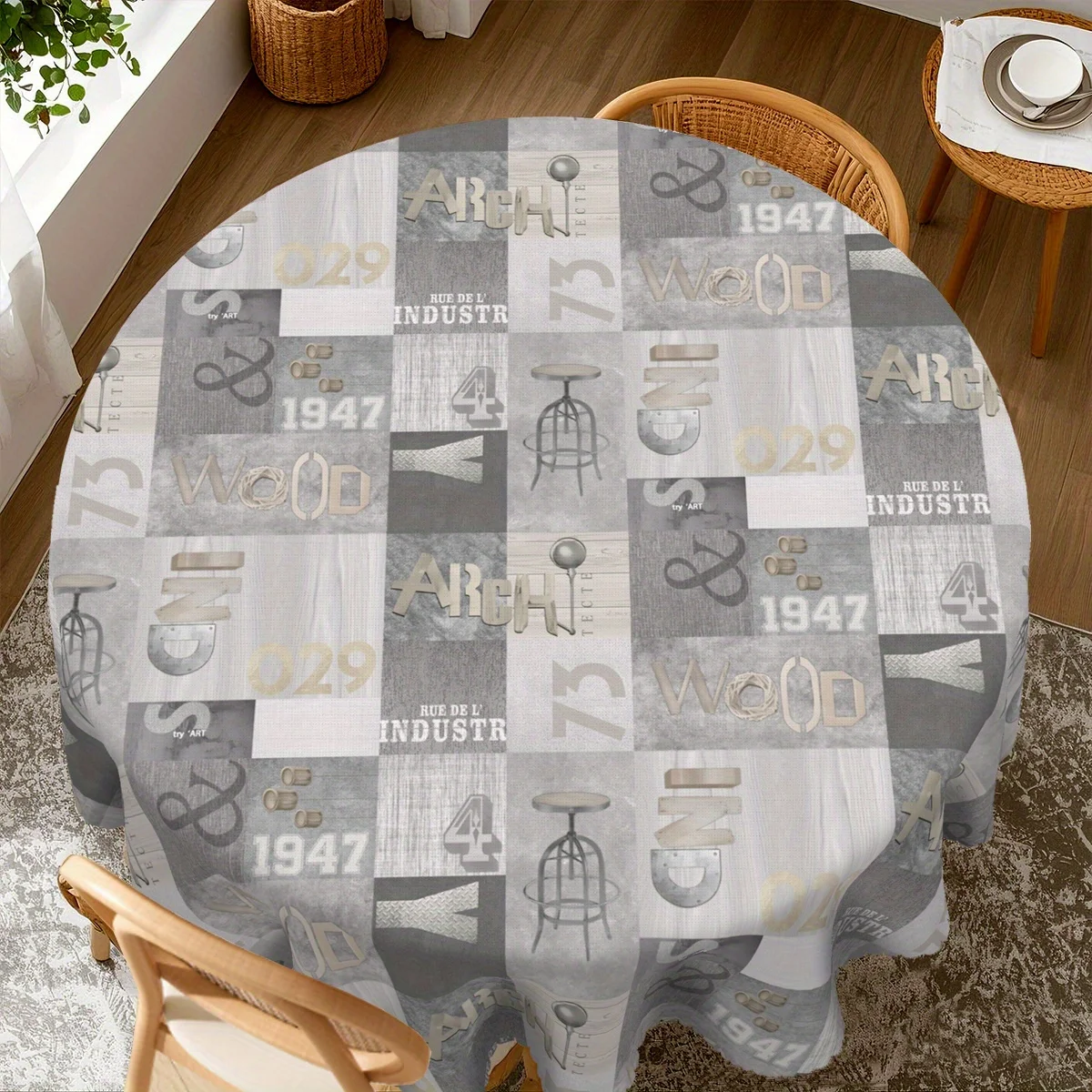 Retro-style tablecloth, featuring designs of numbers, letters and patterns of furniture and chairs