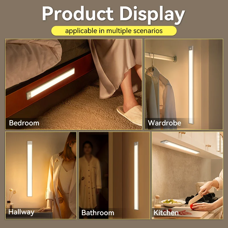 مصباح LED بمستشعر حركة لخزانة المطبخ ، إضاءة ليلية لاسلكية ، USB قابل لإعادة الشحن ، ألومنيوم ، خزانة غرفة النوم ، 20 ، 30 ، 40 ، 60 #3