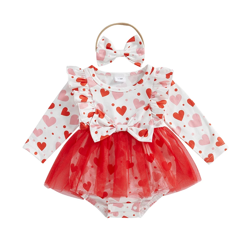 Baby Girls Rompers Dress Valentine s Day Clothes Heart Print Mesh Skirt Hem Long Sleeve Fall Bodysuits with Headband