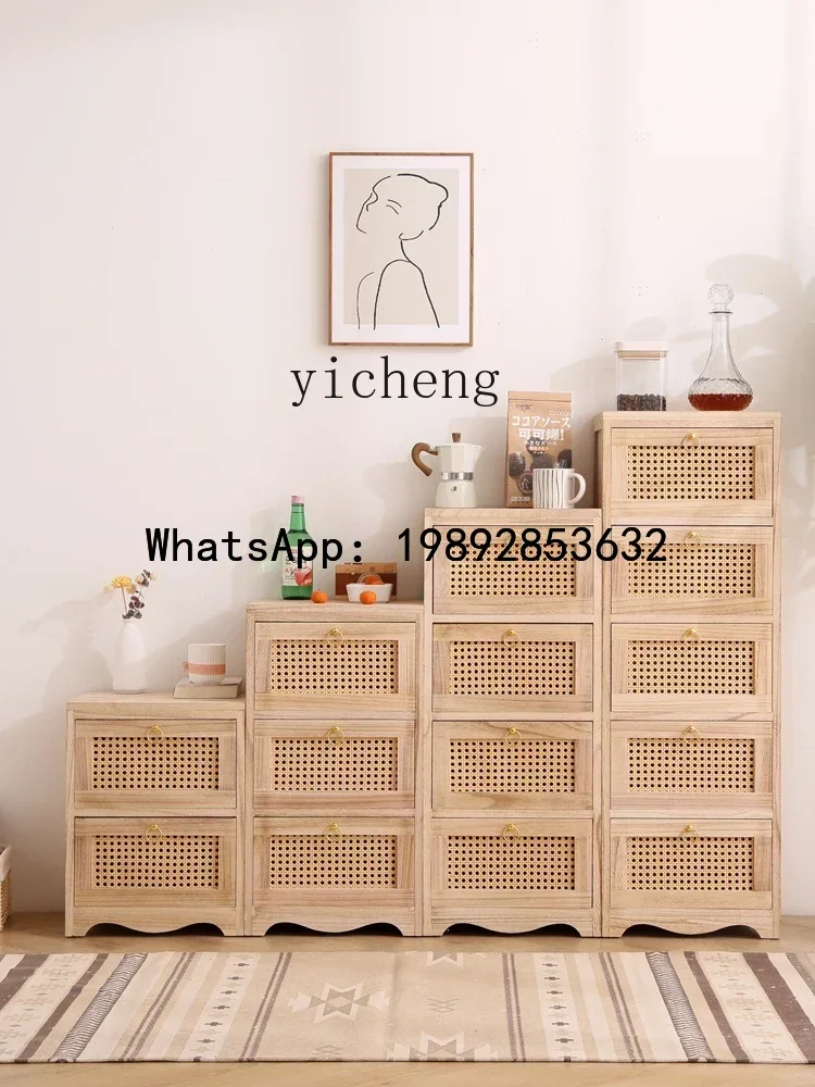 Log Bedside Table Solid Wood Rattan Storage Simple Bedroom Side Cabinet
