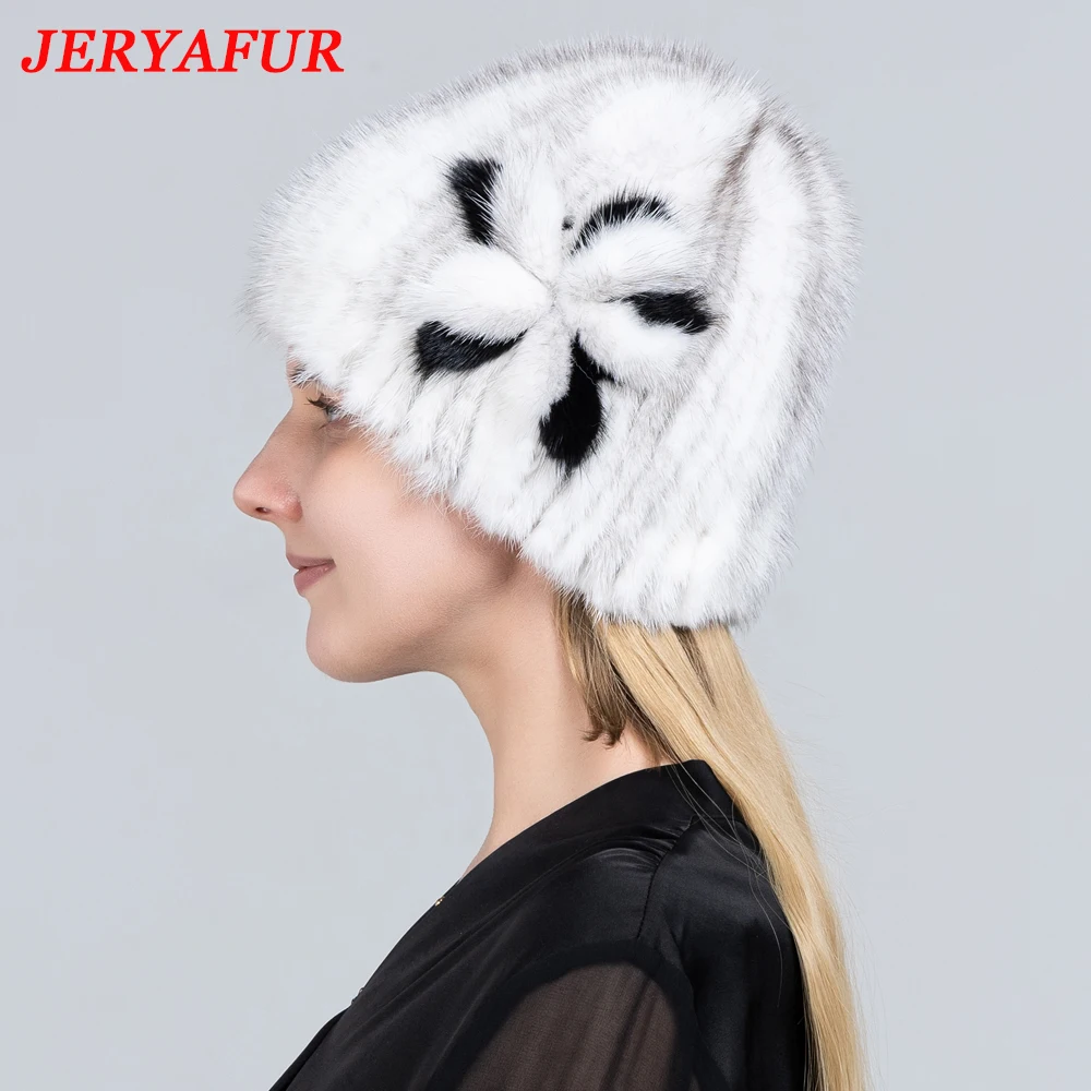 JERYAFUR Knitted Fur Hat Women Winter Warm Natural Mink Fur Hats Striped Stylish Beanie Hat