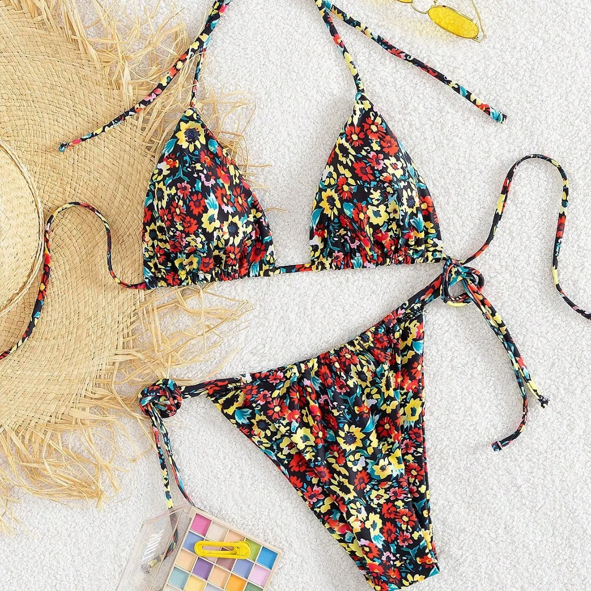 

Сексуальные купальники-бикини с цветочным принтом и завязками на шее, комплекты бикини с высокой талией и стрингами, пляжная одежда, танкини