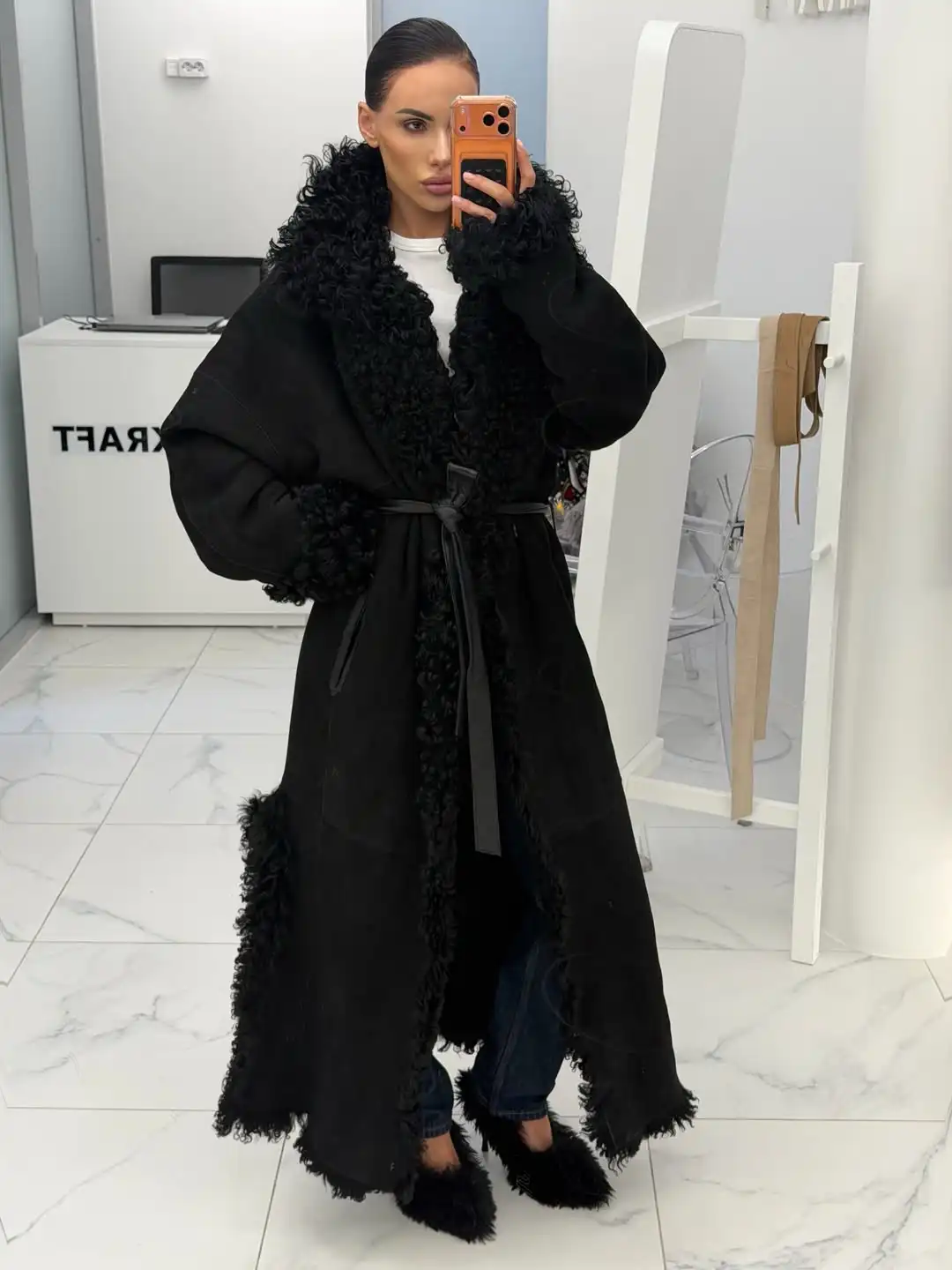 Women Long Faux Fur Trim Suede Coat, Belted Wrap Design, Oversized Fluffy Curly Fur Collar Outerwear, Autumn Winter Warm Maxi