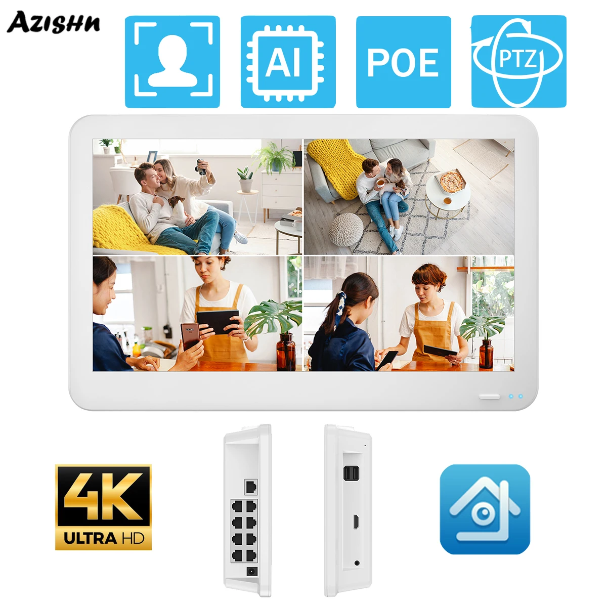 

AZISHN Applicable to 48V POE IP camera, ultra-high definition 4K 8MP face detection recorder, 12 inch screen POE NVR