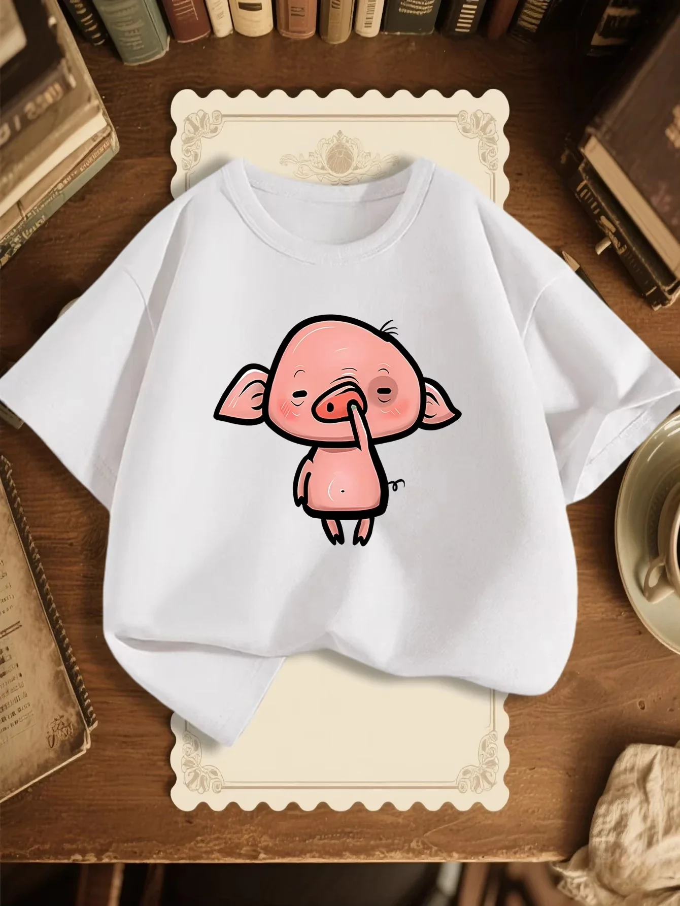 Kids Cute Cartoon Pink Pig Graphic T Shirt Funny Pig Touching Nose Print Short Sleeve Boys Girls Casual Summer Top