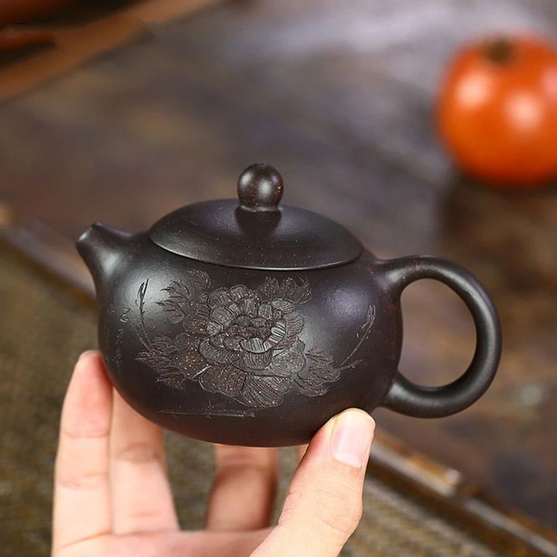 Yixing Purple Clay Teapot, Master Hand Carved Peony Xishi Tea Pot, Filter Kettle, Chinese Authentic Zisha Tea Set, Puer Teapot