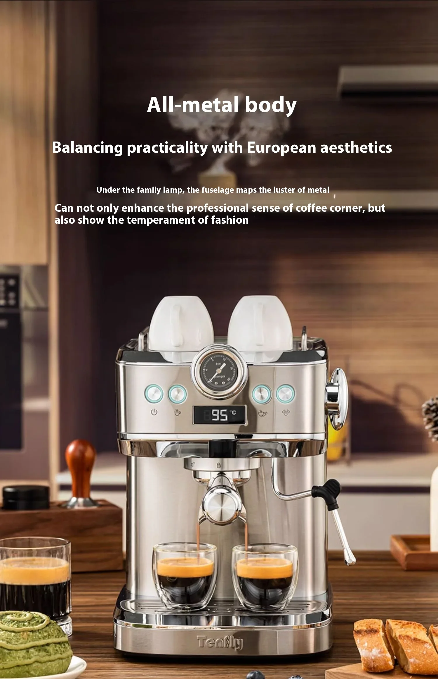 Tenfly Italian coffee machine household small 20Bar concentrated 2024 retro semi-automatic steam milk foam integrated