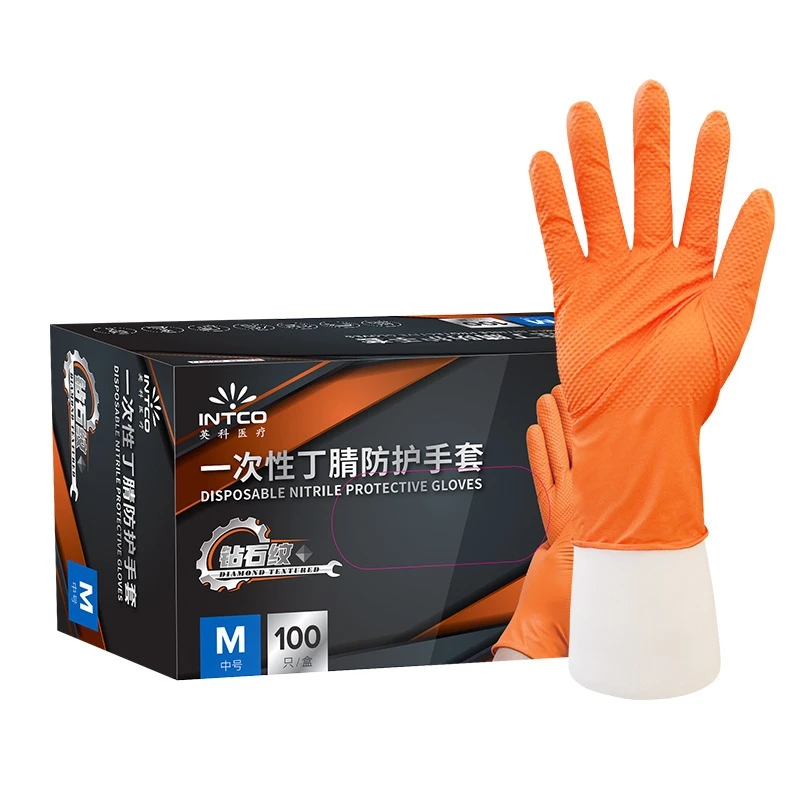 Heavy Duty Orange Nitrile Gloves 8Mil Industrial Disposable Gloves with Diamond Textured Grip for Mechanic Safety & Work Gloves