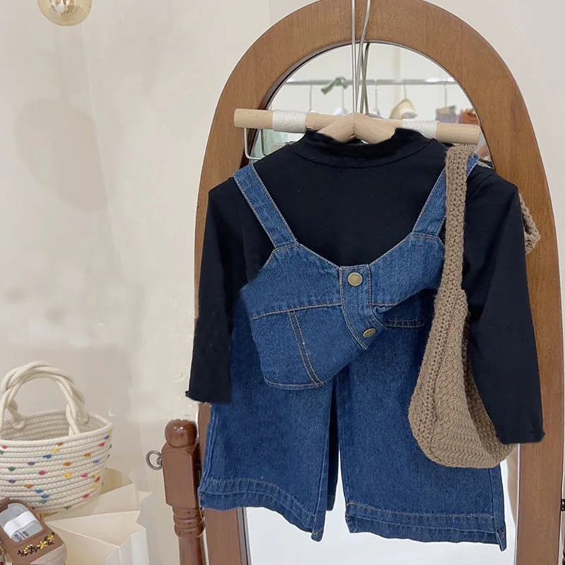 

New Summer Girls' Clothing Sets Pocket Buttons Street Denim Vest +Wide-Leg Pants Fashion Baby Kids Outfit Children Clothes Suits