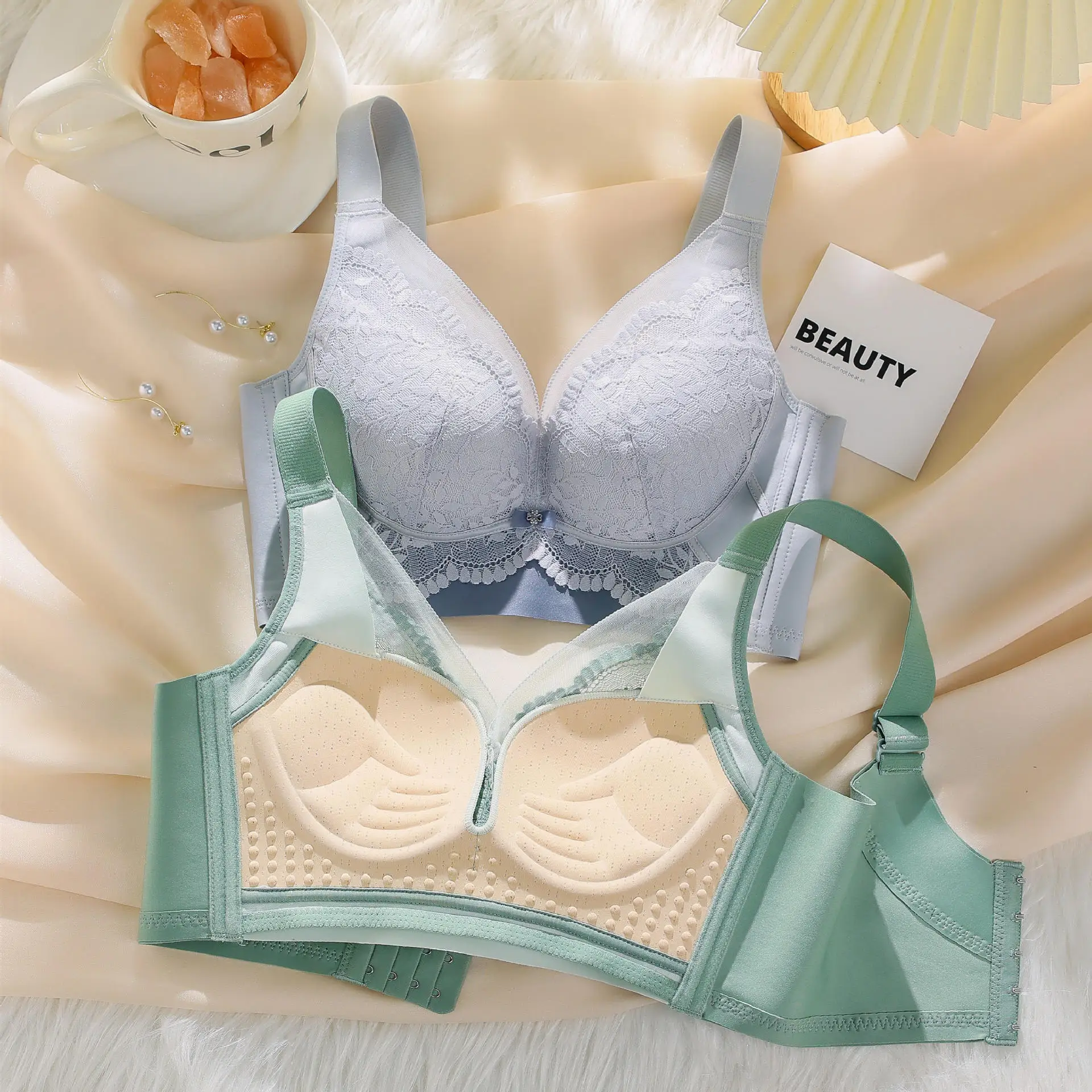 75-95BC Adjustment Type Bra Suit No Steel Ring Women Underwear Fashion Lace Ventilate Bra Gather Together Anti-Sag Chest Wrap