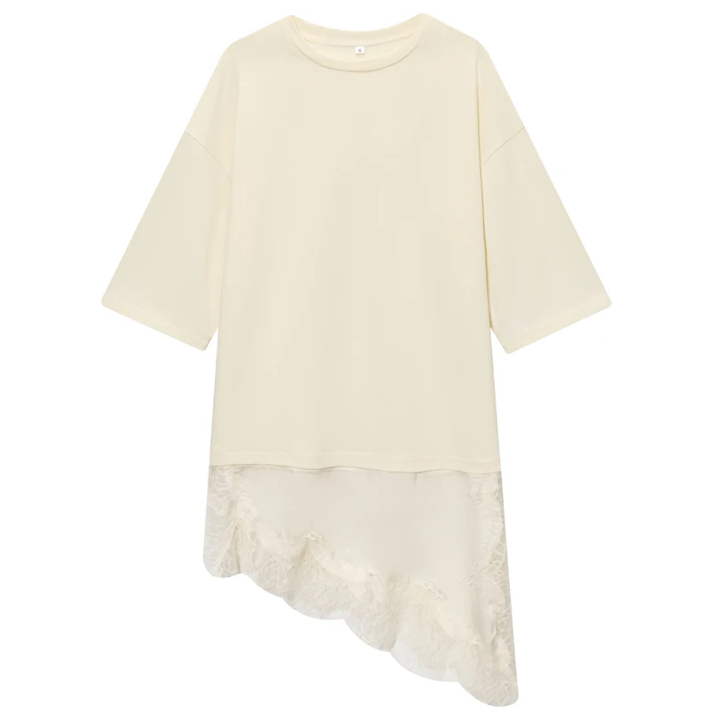 HXAO Spitze Übergroßes T-Shirt Sommer Herbst Weibliche Y2K Off White Kurzarm Top Frauen Plus Größe Lange T-Shirt Chic Streetwear Top