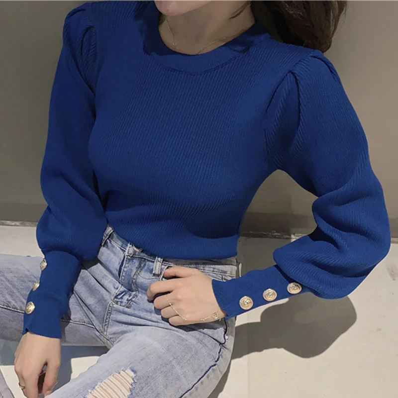 

O-neck Lantern Sleeve Women Pullovers New Style Blue Knitted Sweaters Woman Elegant Jumper Tops for Ladies