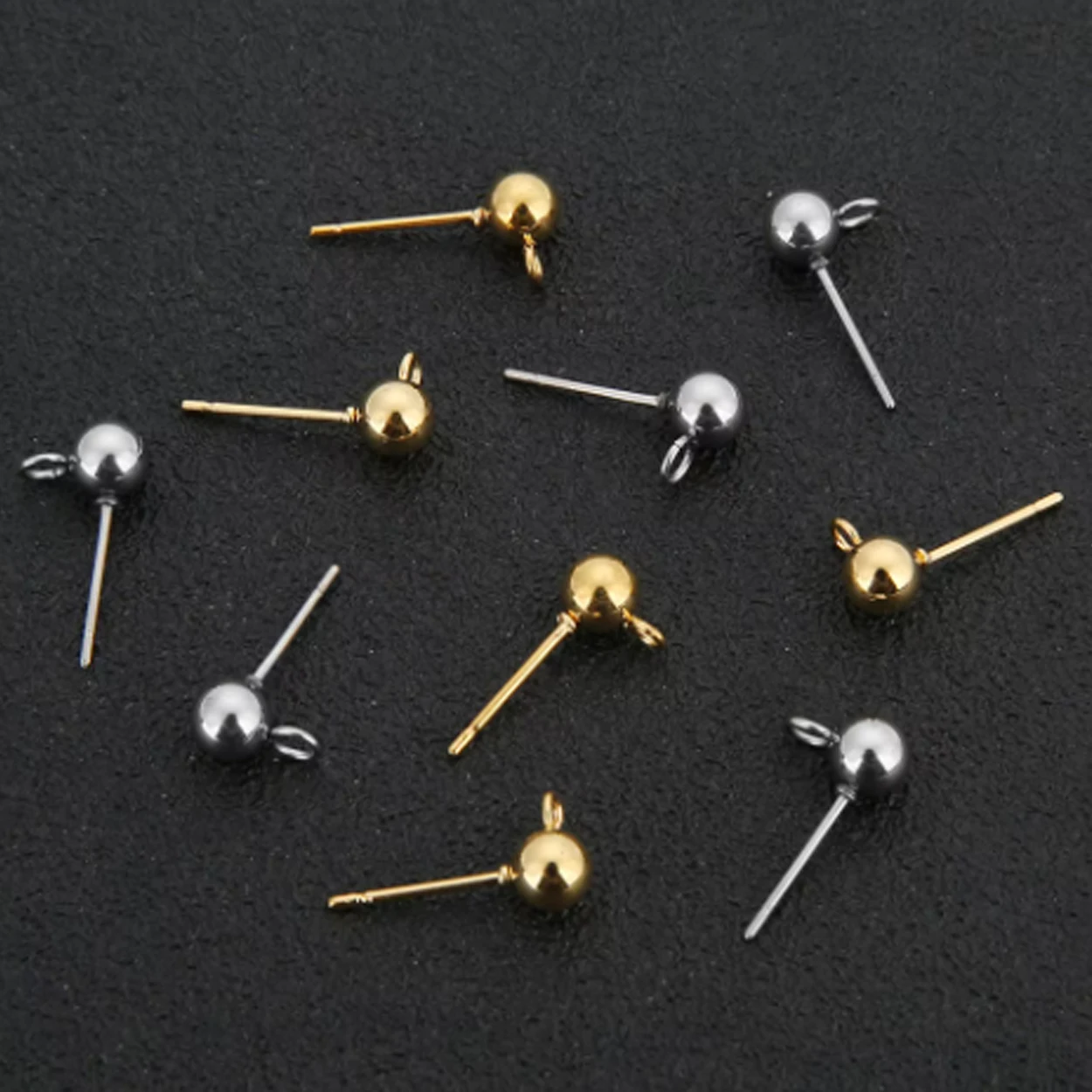 20pcs/lot Iron Earring Post Studs Plated Real Gold Round Ball Ear Posts Needle Stud with Loop For DIY Jewelry Making Earrings