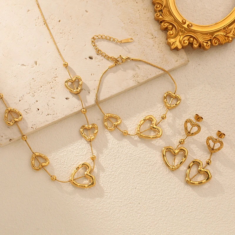 EILIECK 316L Edelstahl Goldene Hohlherz-Halskette, Armbänder und Ohrringe Set für Damen, Trendiger Wasserfester Schmuck als Geschenk – Detail 19