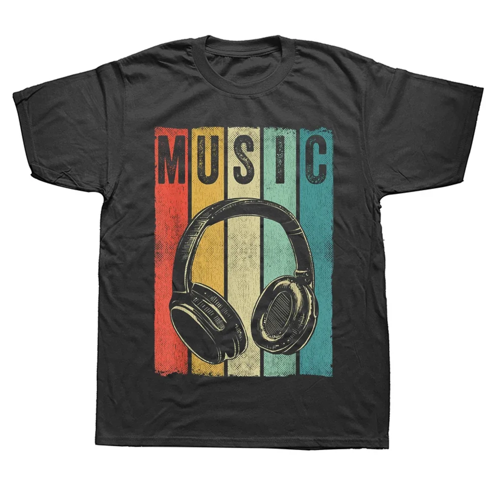 Fun electronic music enthusiast's fun T-shirt, short sleeved streetwear with vintage headphones, DJ gift, summer fashion